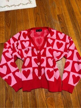 33 Degrees Red and Pink Heart V-Neck Cardigan